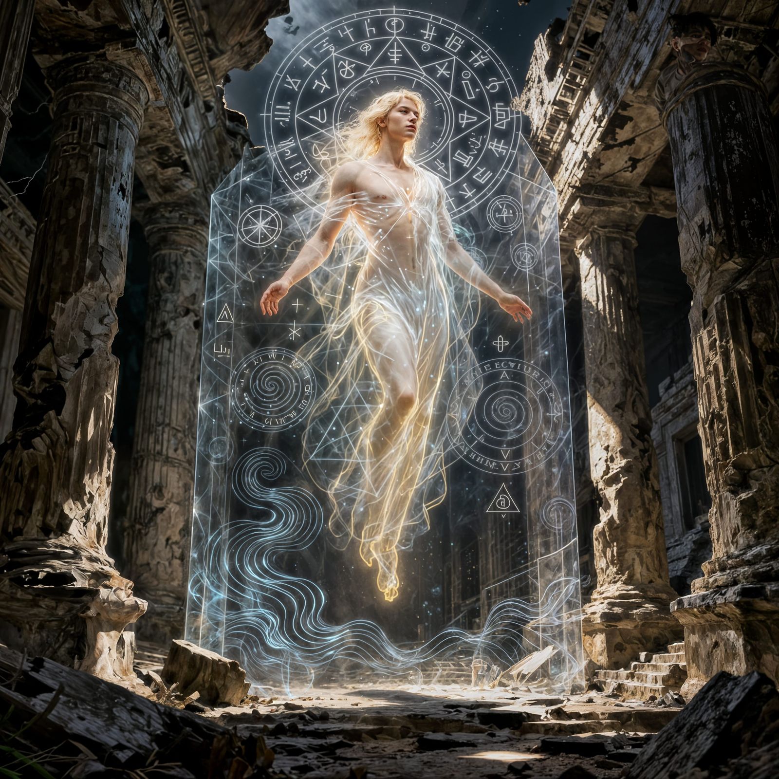 Mysterious Light Figure in Crumbling Temple, Occult Symbols