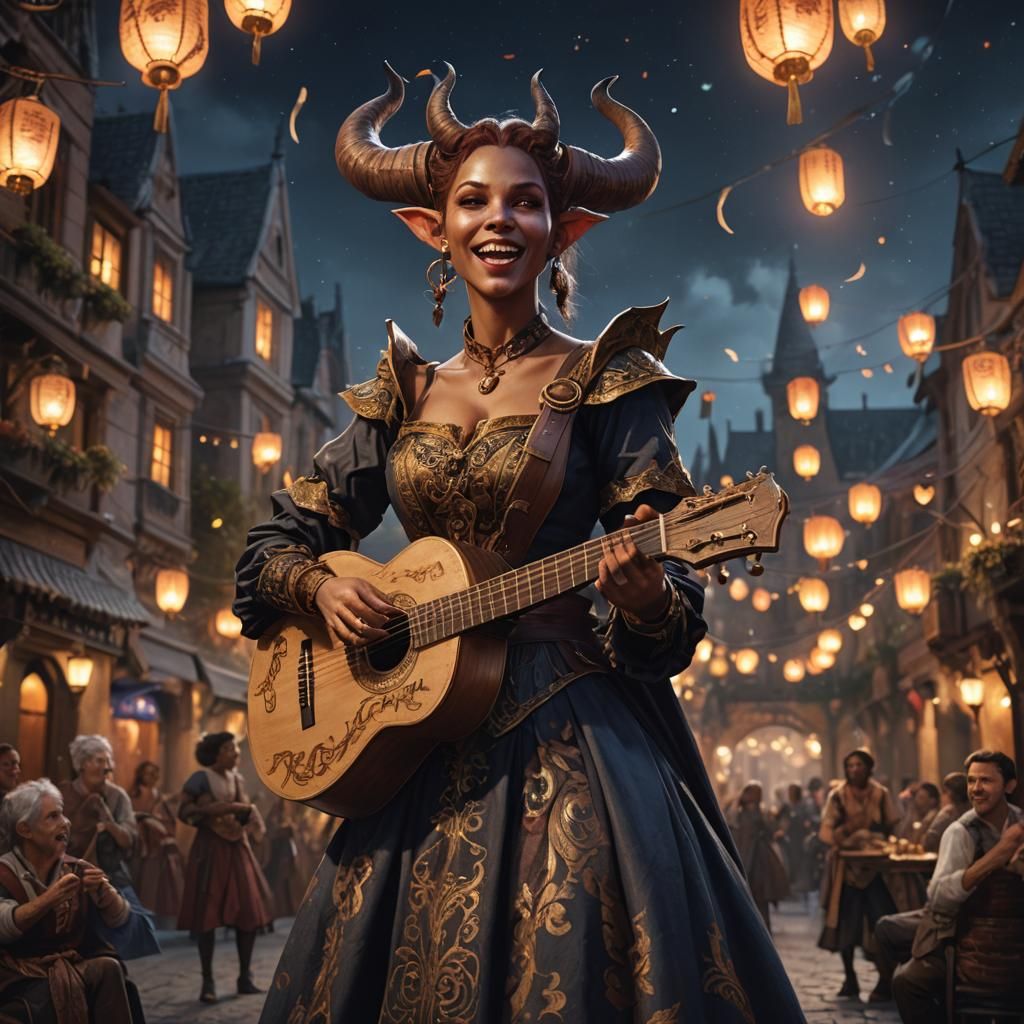 Tiefling Bard Singing in Ornate Dress