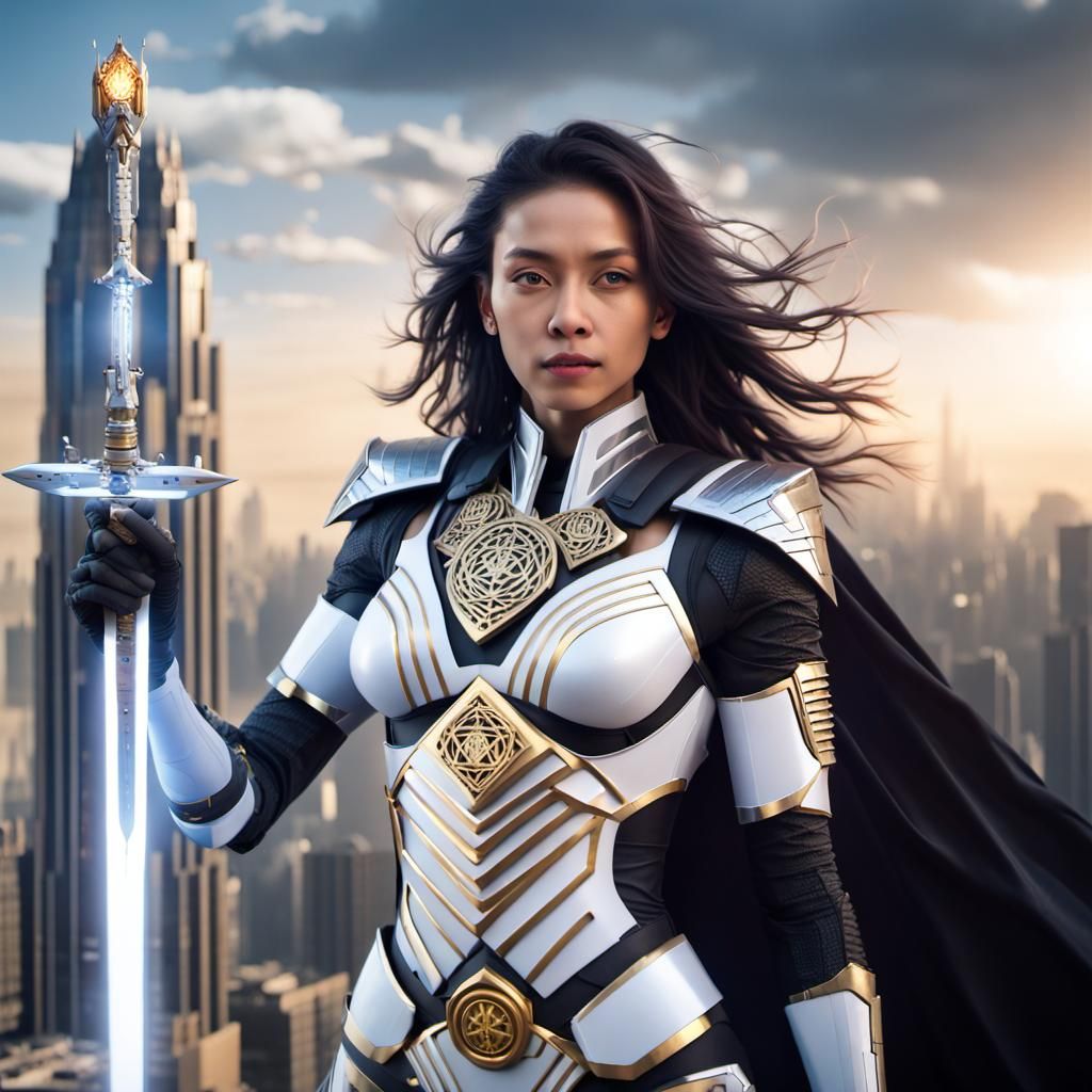 Android Warrior Soaring Over Futuristic City