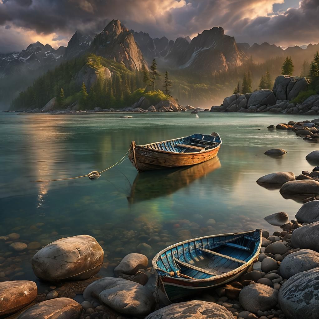 Weathered Boat on Tranquil Shoreline with Moody Sky