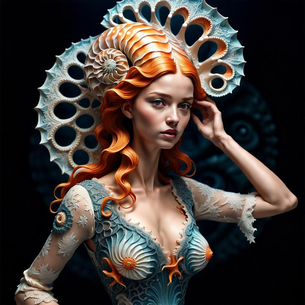 Nautilus Dress on Vogue Model, Hyperrealistic Biological Art