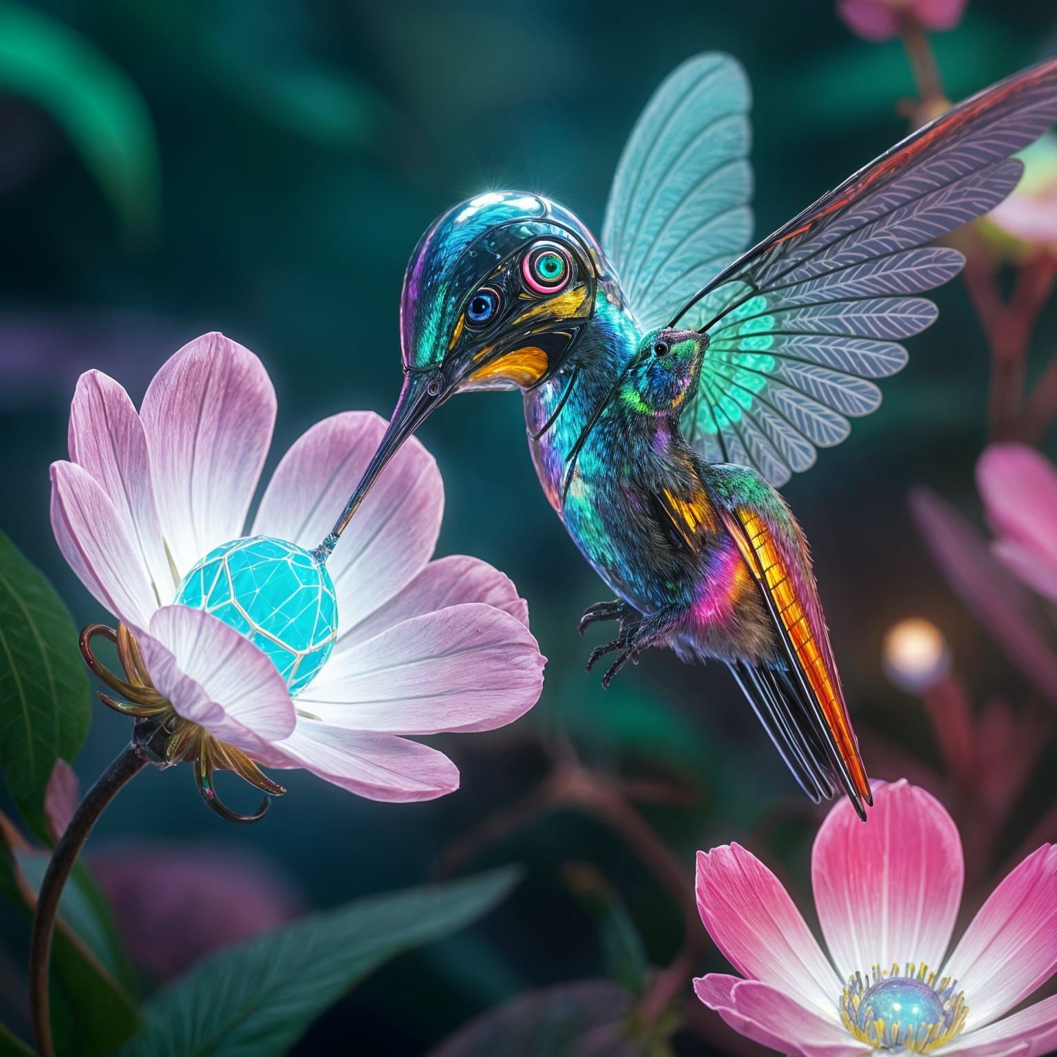 Robotic Hummingbird Sips Nectar in Futuristic Garden
