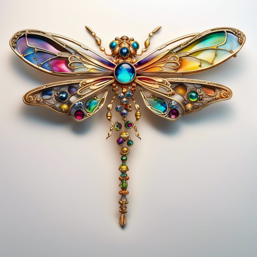 Elaborate Jeweled Dragonfly Brooch in Graffiti Art Style