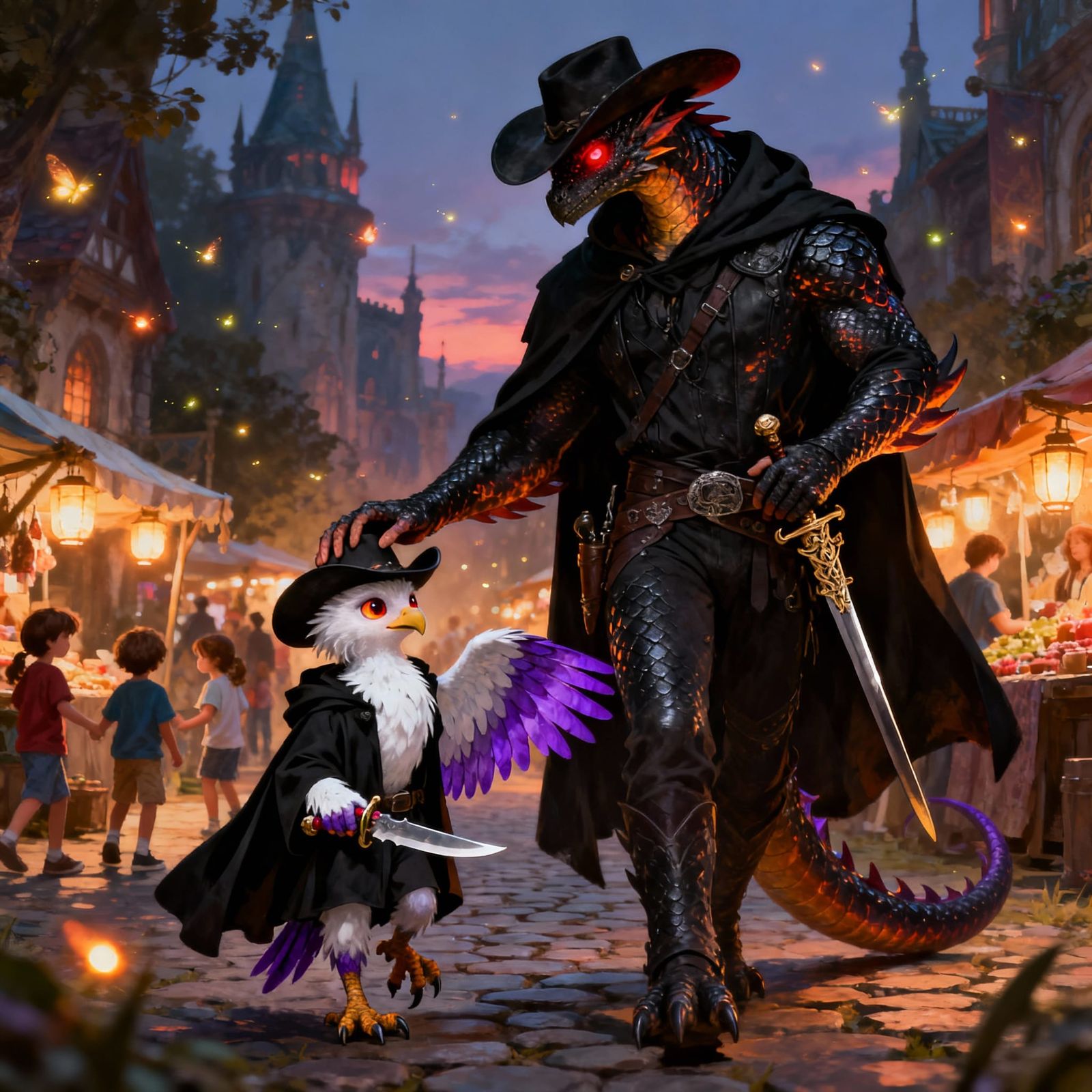 Dragonborn Father and Daughter in Fantasy City