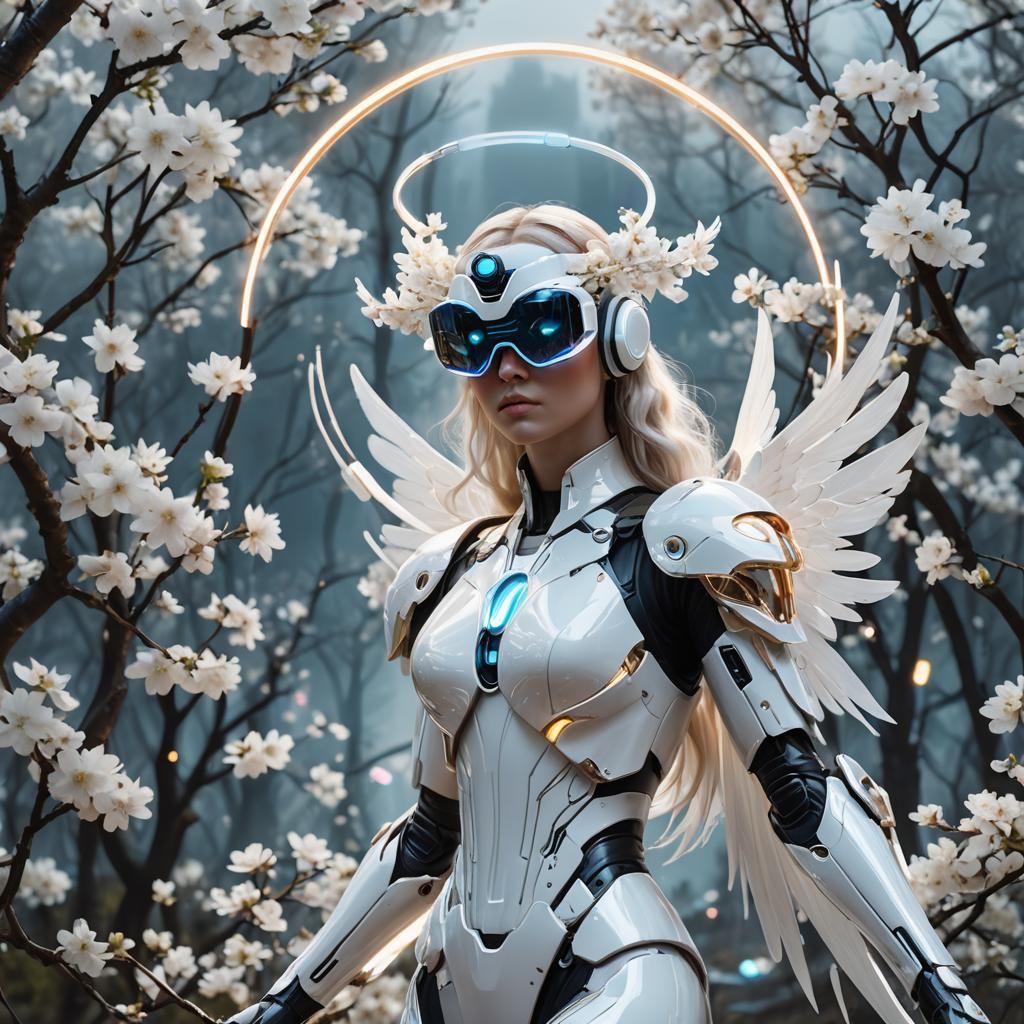 Futuristic Angel with Neon Halo and VR Headset