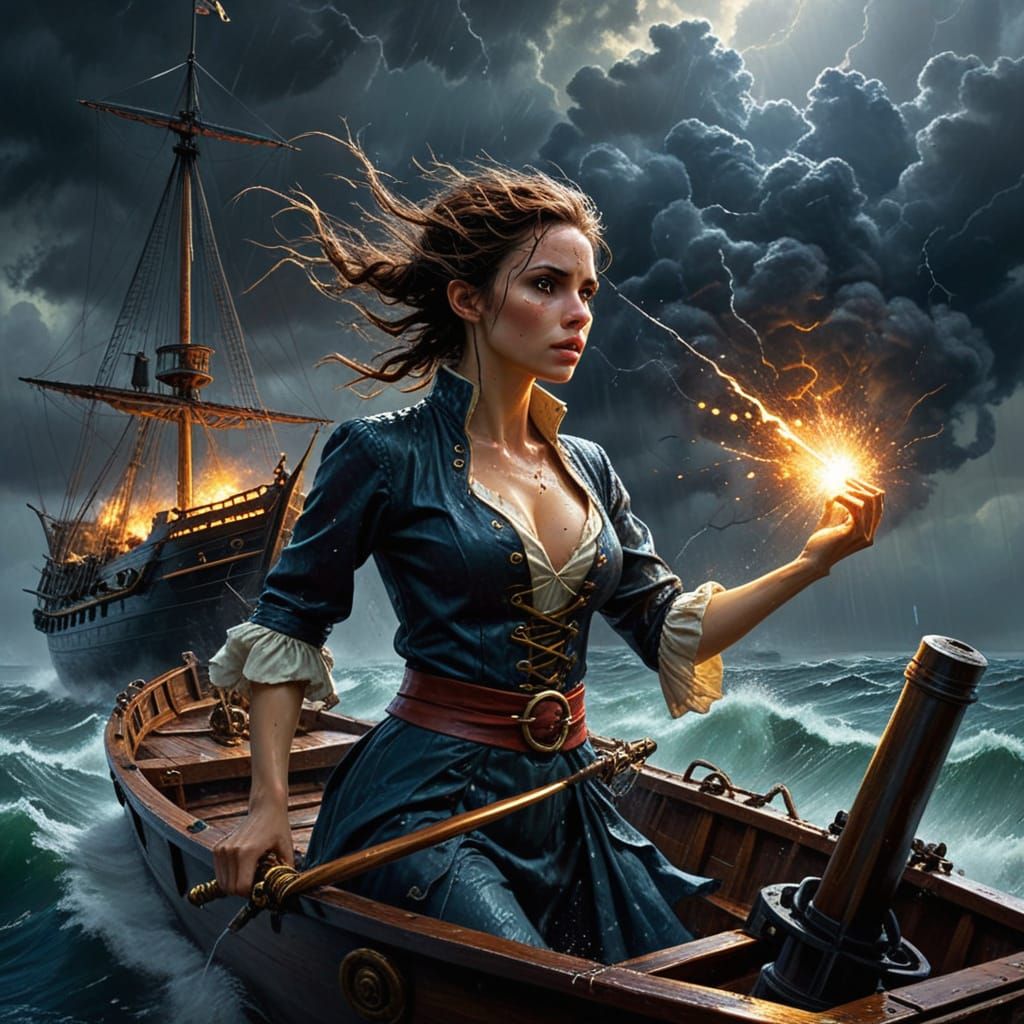 Elf Pirate Battles Storm and Whirlpool in Oil Painting