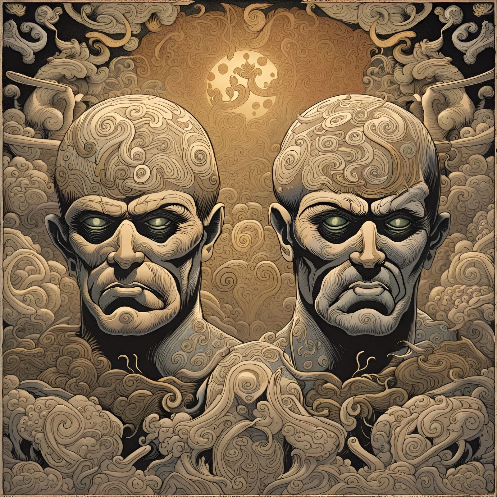 Two-Headed Giant in Silk Woodblock Style