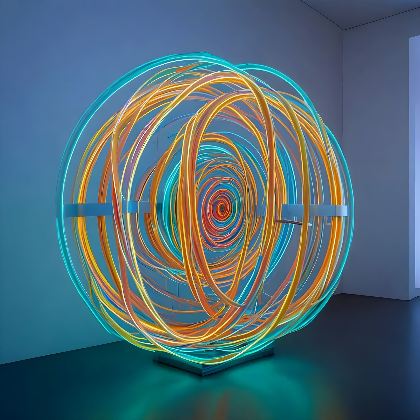 Futuristic Neon Sculpture in Minimalist Museum