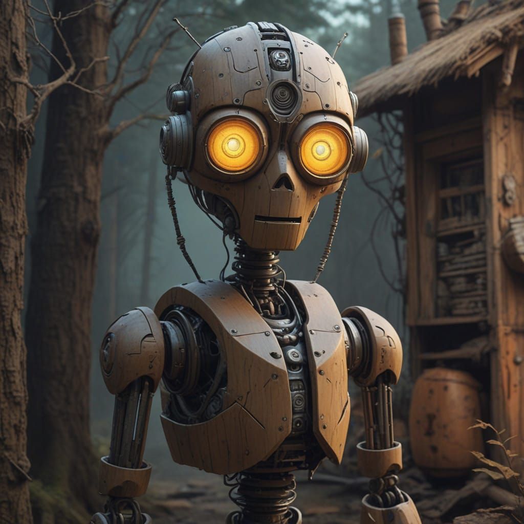 Whimsical Wooden Robot in Earthy Landscape