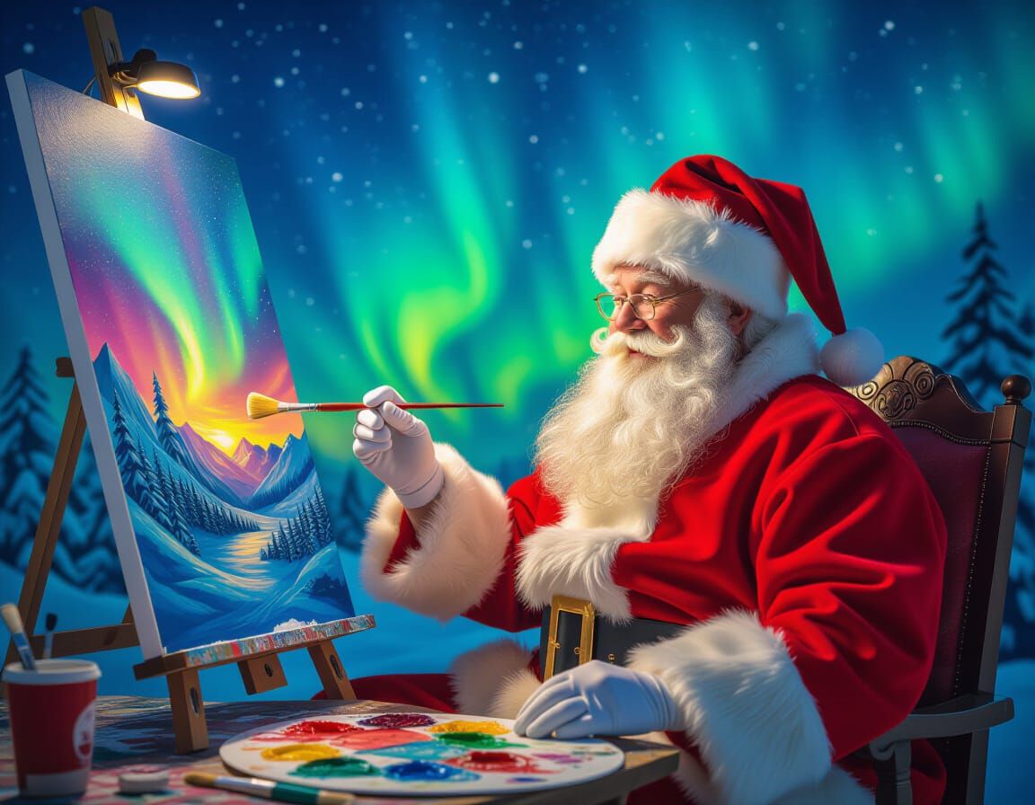 Santa Paints Northern Lights in Hyperrealistic Style