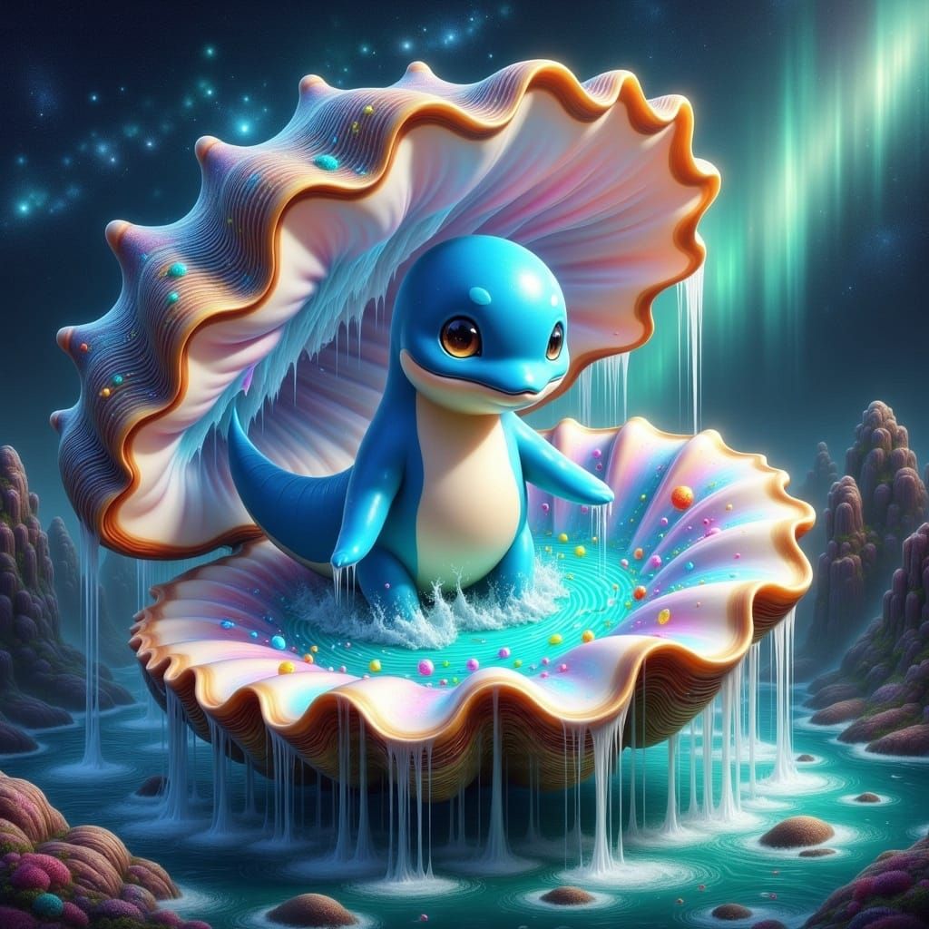 Surreal Lapras Pokémon Rises from Cosmic Seashell