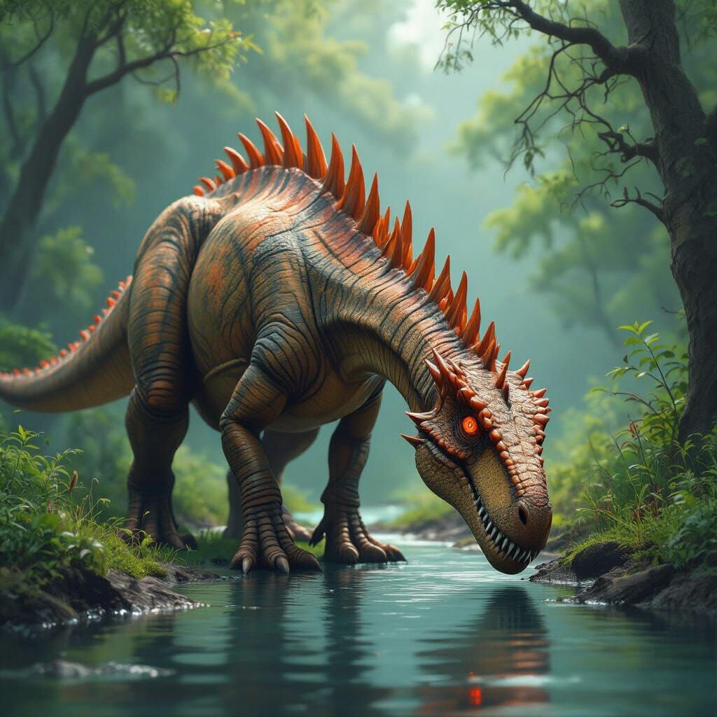 Dinosaur with Fangs Grazing near Water: Digital Illustration