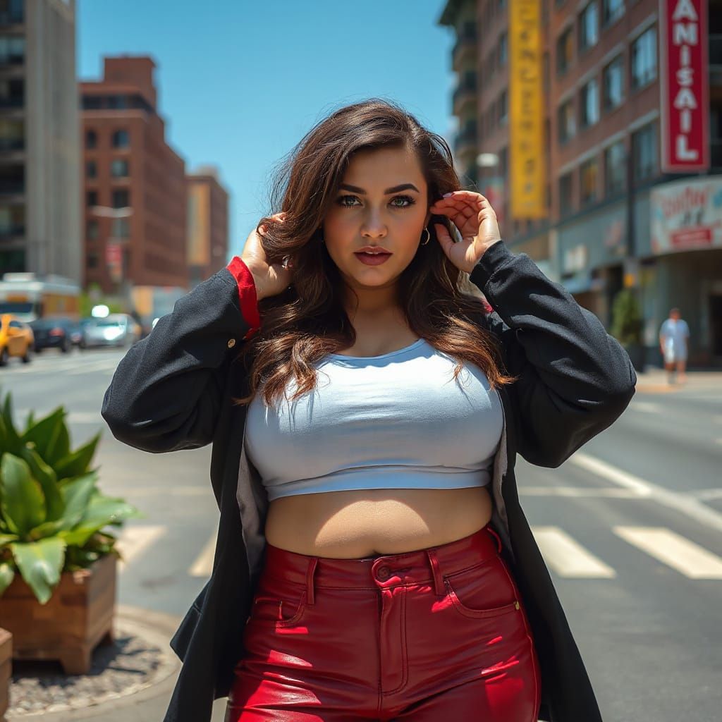 Plus-Size Model in Urban Landscape, Photorealistic Style