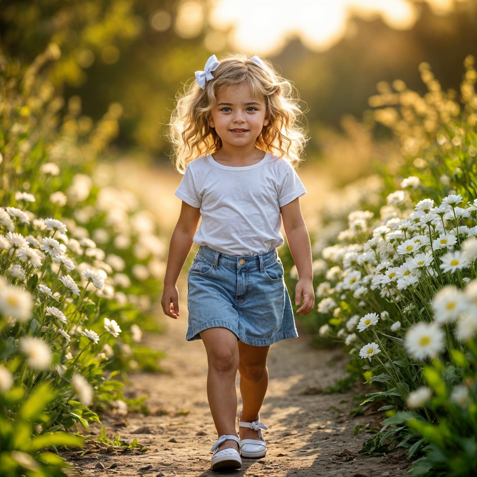 Young Girl with Blonde Curls Walks Through White Flowers