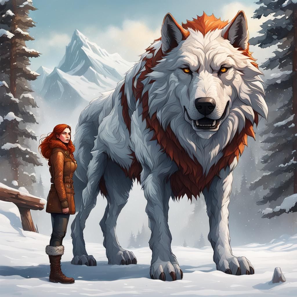 Redhead and Dire Wolf in Snowy Landscape