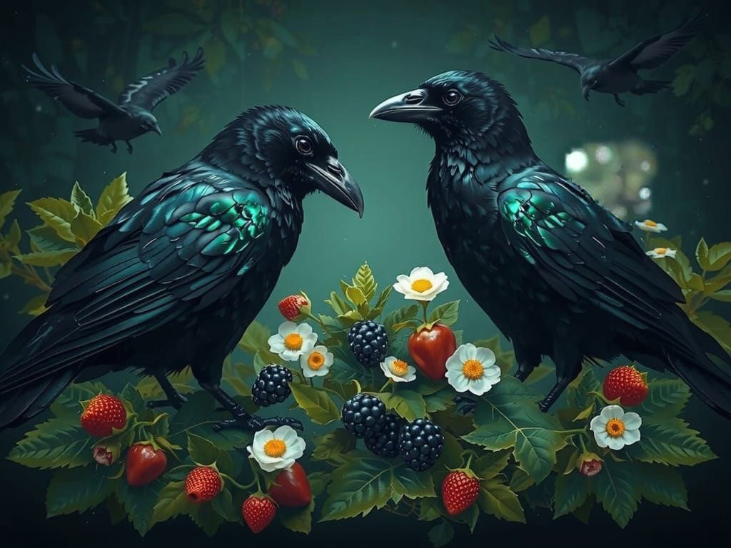 Ravens in Blackberries: Photorealistic Prismatic Bird Art