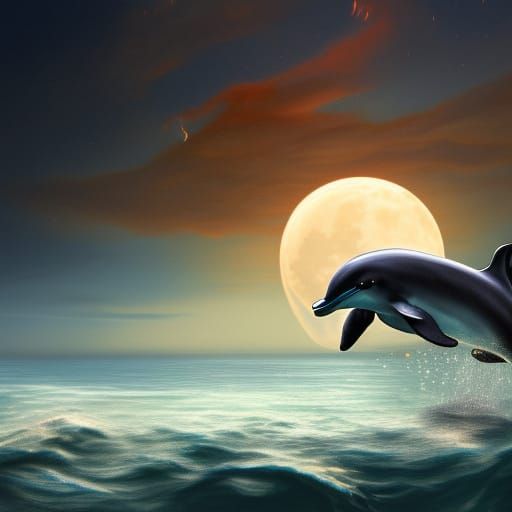 Dolphin Jumping Under Full Moon: Fantasy Concept Art