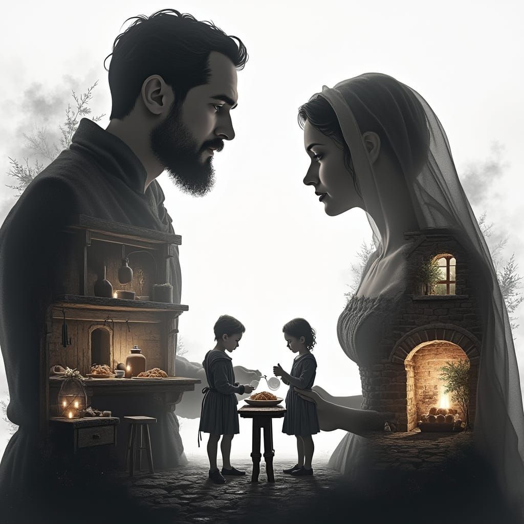 Medieval Family Silhouettes in Double Exposure Art