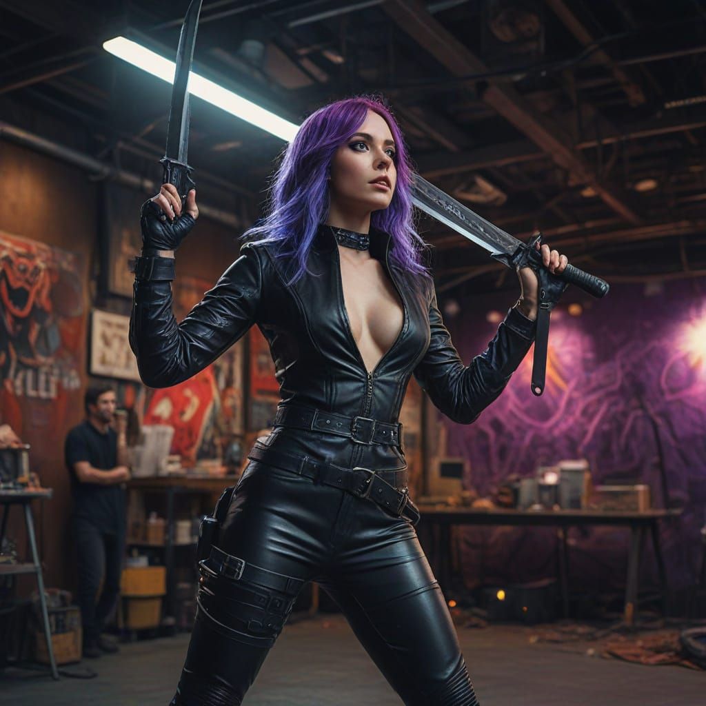 Neon Stage Assassin in Photorealistic Style