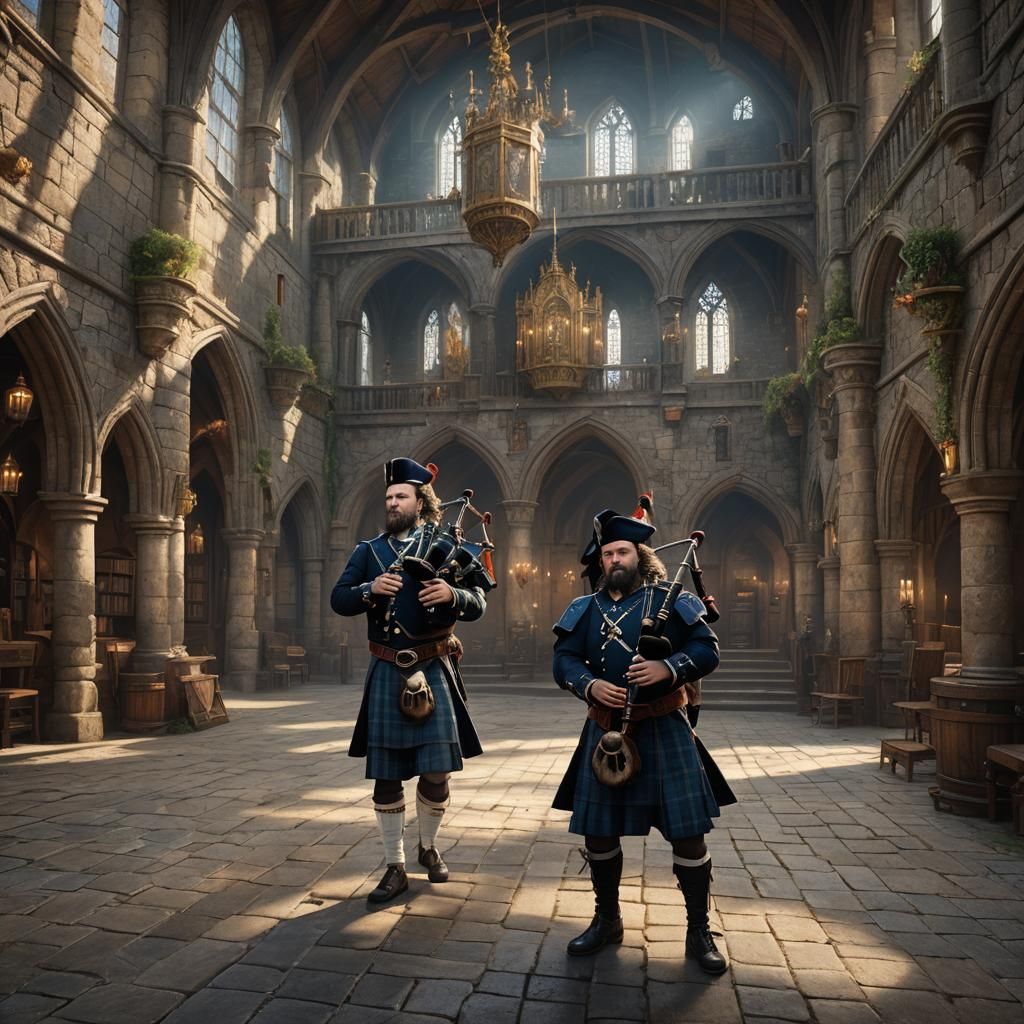 Bard Plays Bagpipes in Castle Hall: Fantasy Art