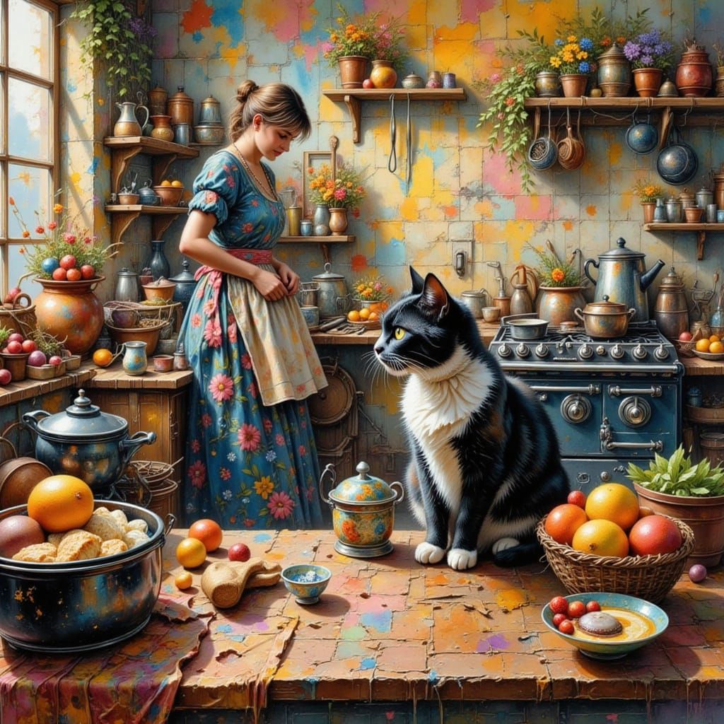 Cozy English Kitchen with Cat in Impasto Style