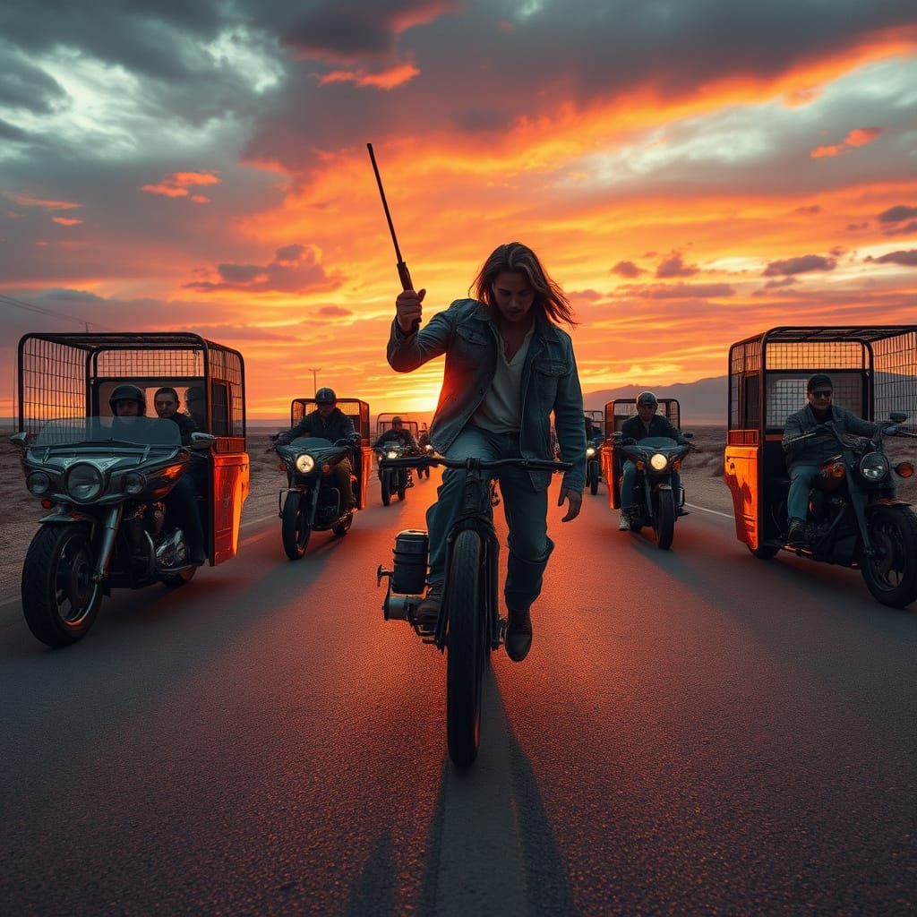 Cyberpunk Heroes Struggle Against Desolate Sunset