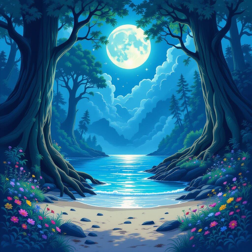 Mystical Seaside Forest in Vibrant Watercolor Style