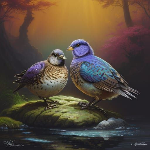 Iridescent Quails in Golden Light: Digital Art