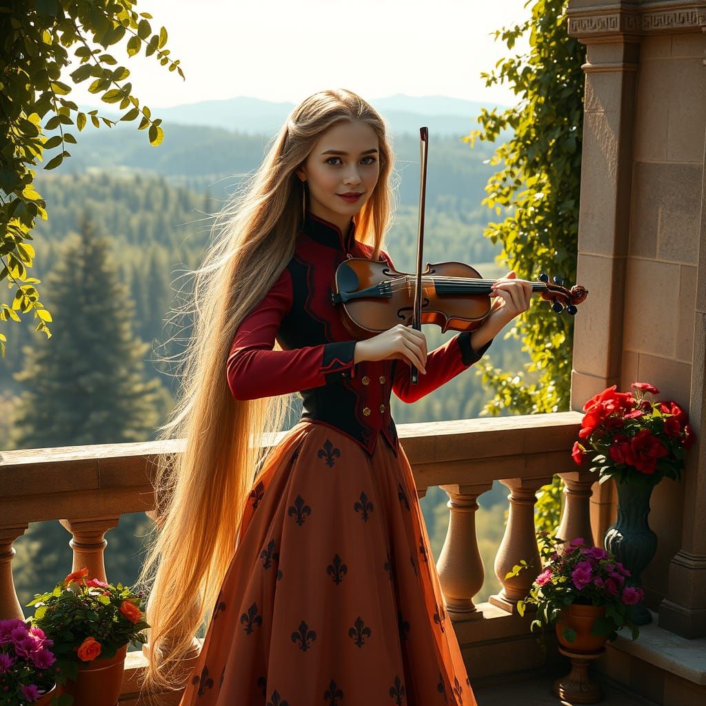Ethereal Beauty Plays Medieval Violin on Castle Balcony