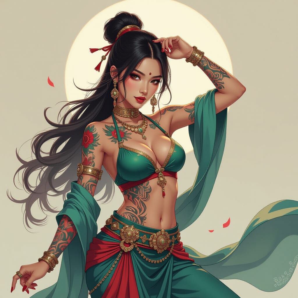 Korean Girl in Noir Belly Dance with Tattoos