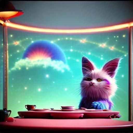 Cute Anime Creatures Play Under Table in Cosmic Style