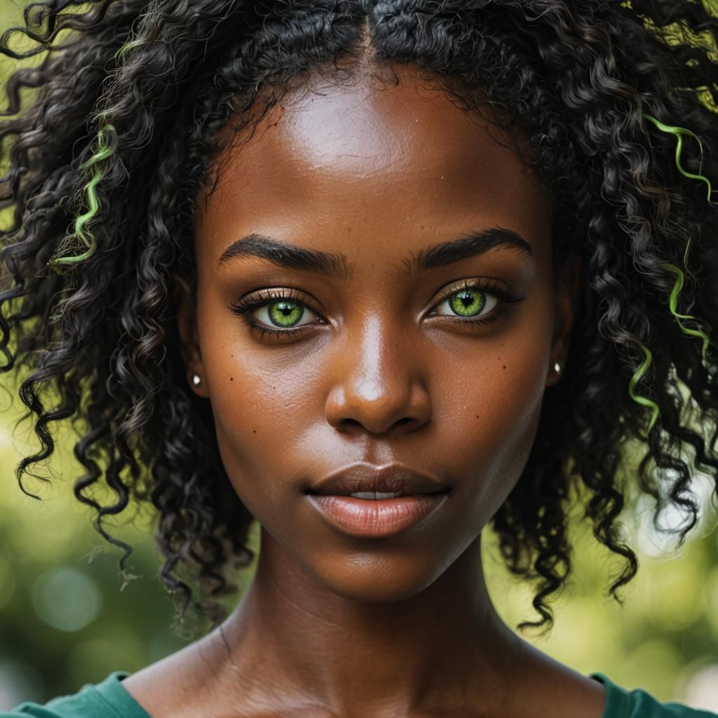 Portrait of a very beautiful black girl with bright green ey...