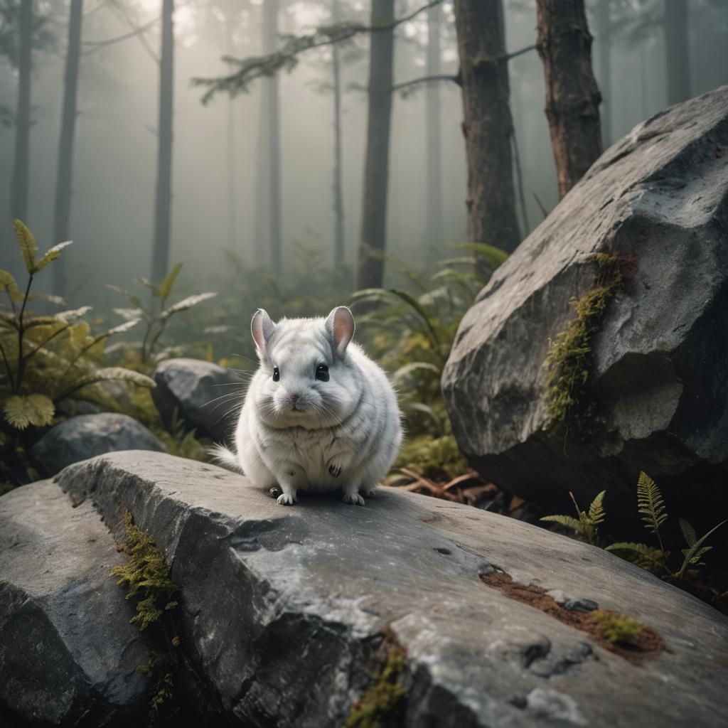 Cute Chinchilla in Misty Forest: Cinematic Still