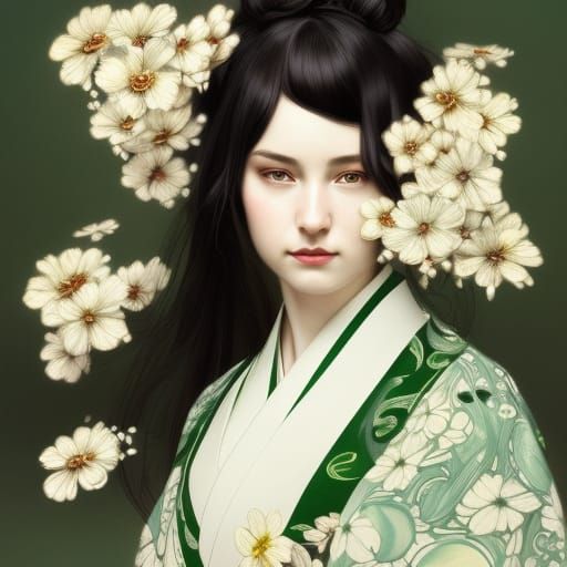 Kimono Woman Portrait with Floral Adornments