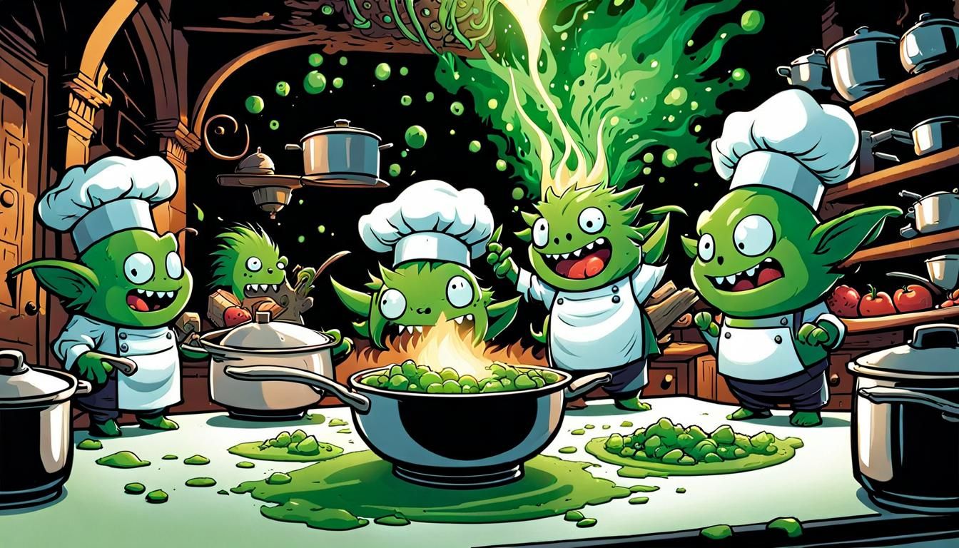 Chaotic Green Chibi Monsters Cook for the King