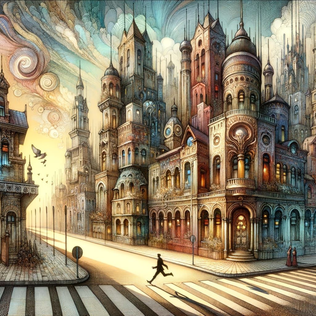 Surreal Architectural Cityscape with Magical Elements in Rom...