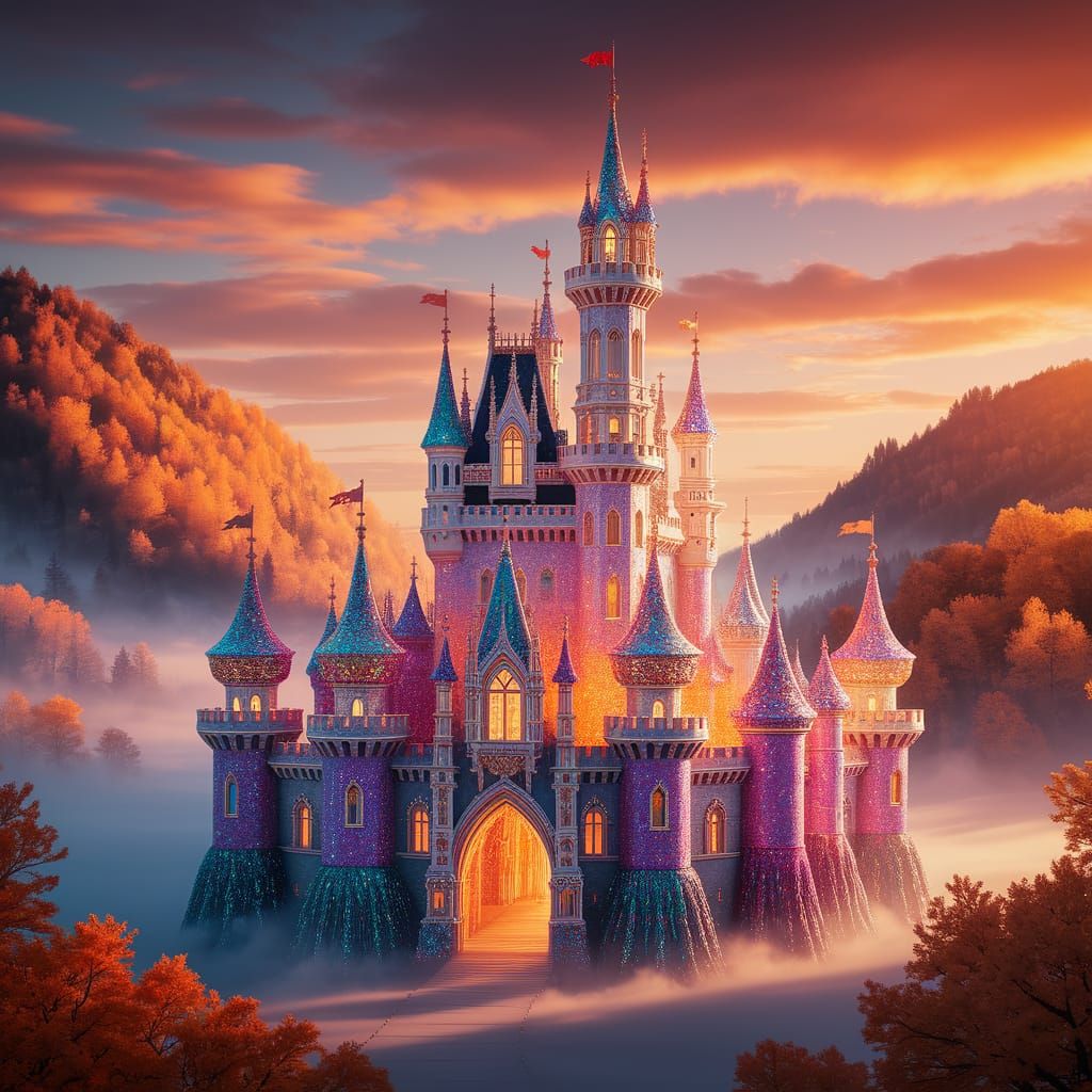 Gemstone Castle at Sunset in Gothic Art Nouveau Style