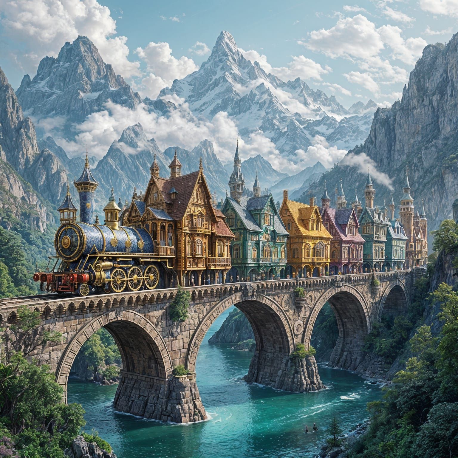 Fantasy House Train Journey Over Stone Bridge