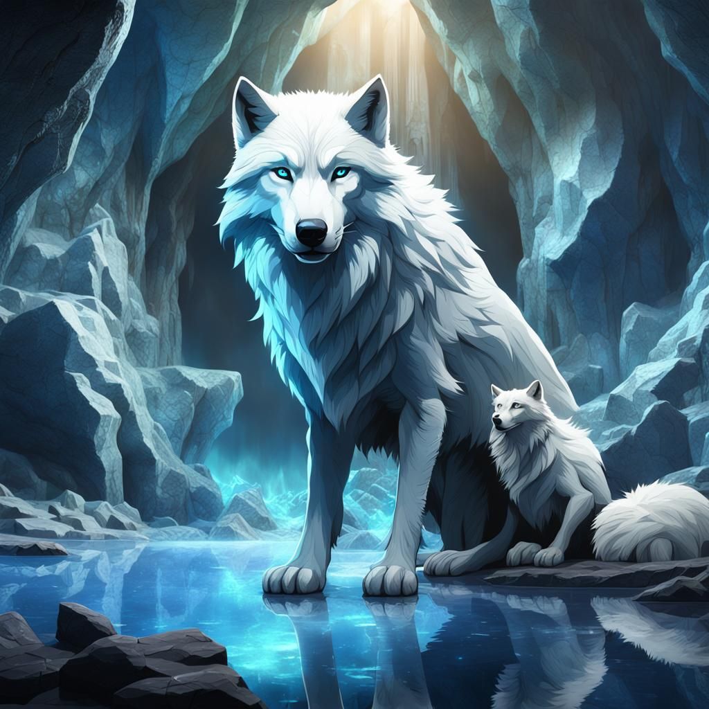 White Wolf in Crystal Cave: Detailed Matte Painting