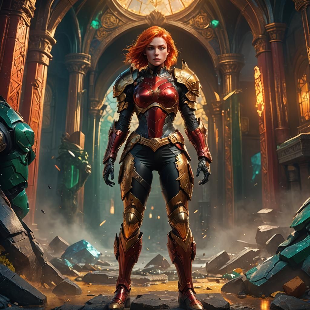 Fantasy Girl in Red Armor, Digital Art Masterpiece