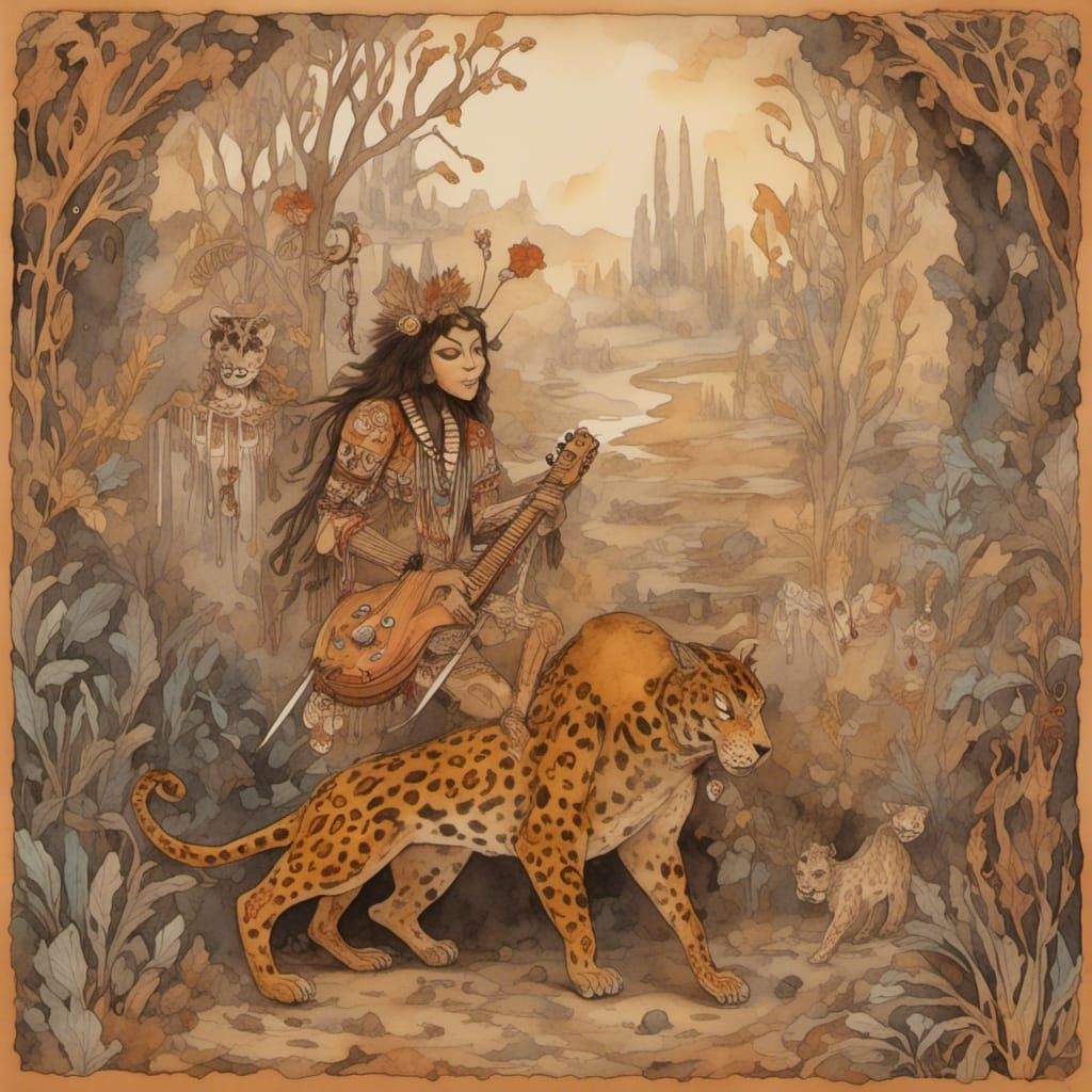 Anthropomorphic Jaguar Dances in Ominous Dreamscape