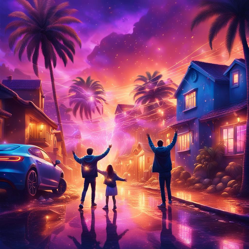 Street Celebration After Power Restoration, Matte Painting