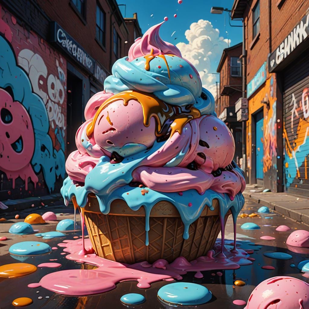 Vibrant Graffiti Art of Melting Cotton Candy Ice Cream