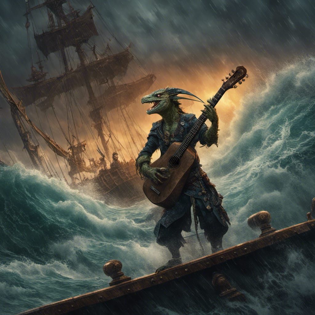 Lizardfolk Bard Plays Lute on Stormy Pirate Ship
