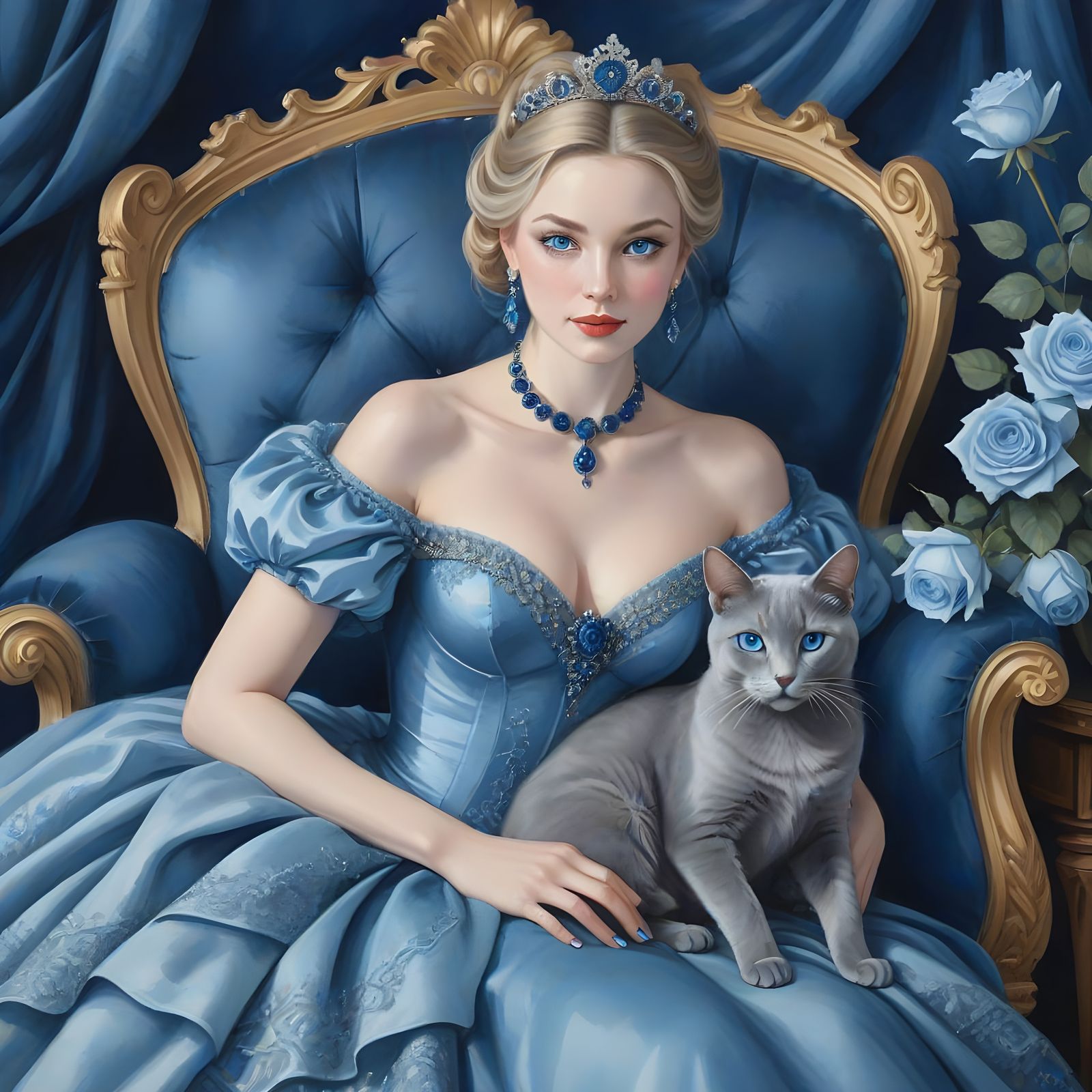 Princess and Cat: Realistic Watercolor Portrait in Blue