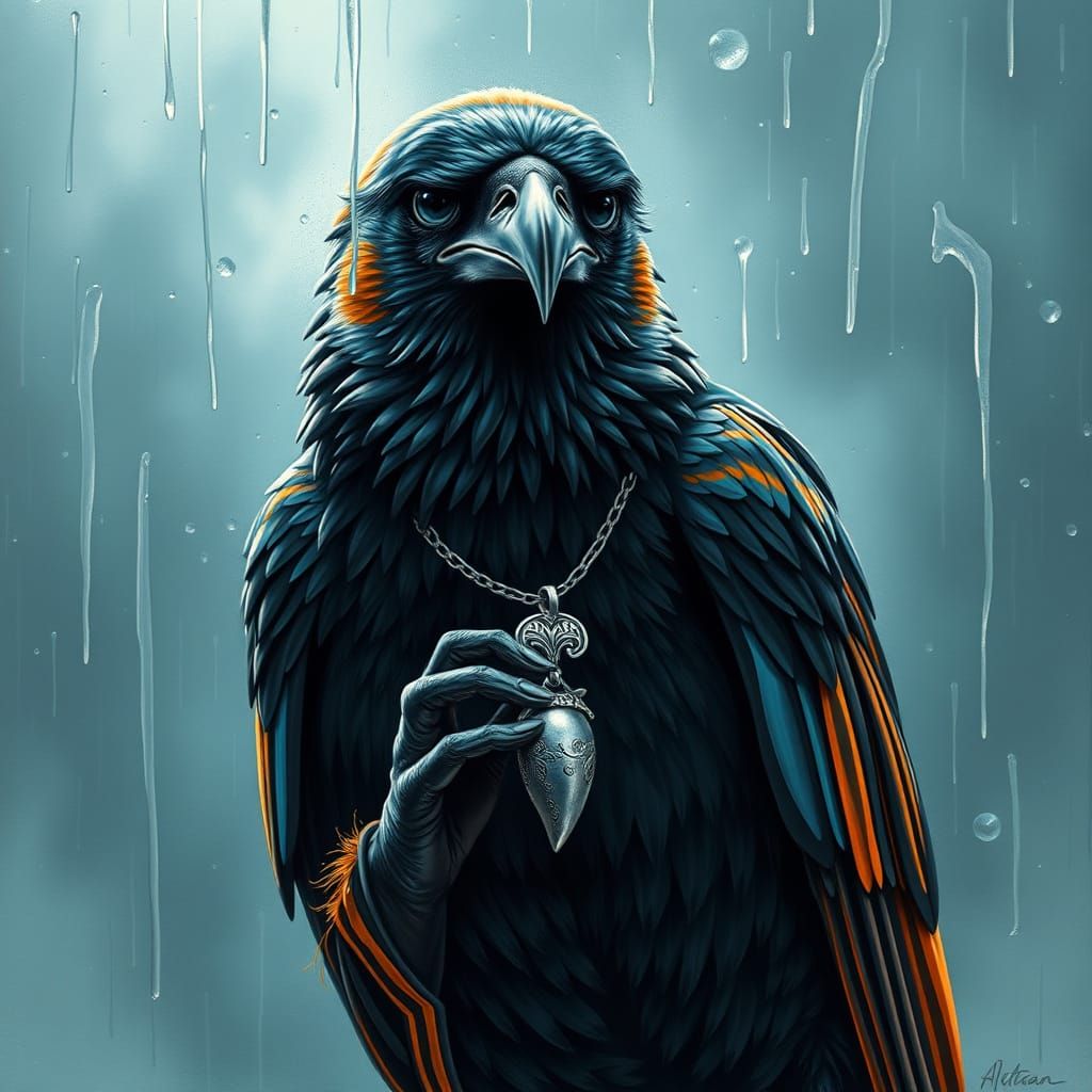 Raven Grasping Silver Necklace in Alcohol Ink Style