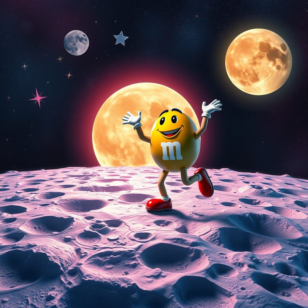 Dancing M&M on the Moon in Fantastical Style