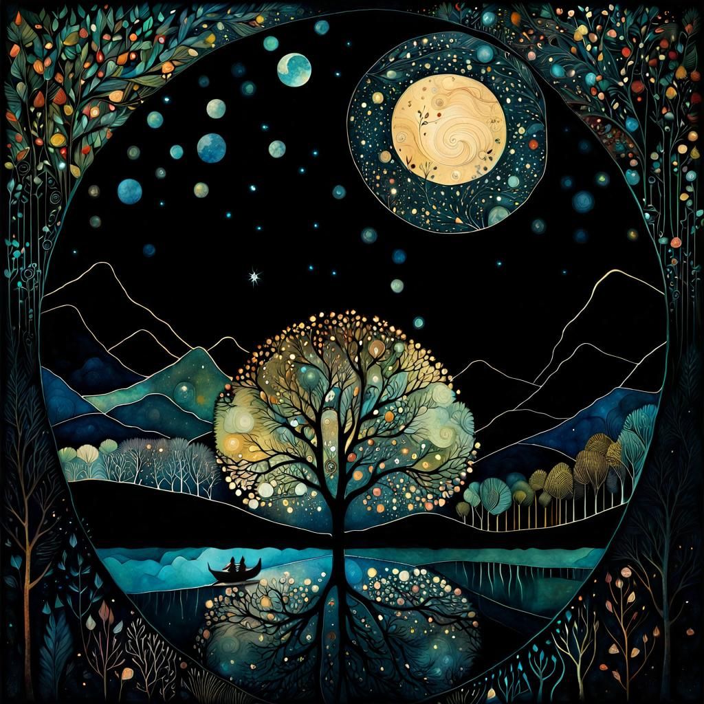 Whimsical Night Landscape in Watercolor Style