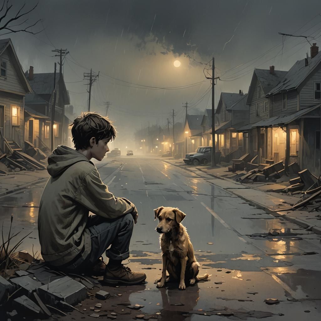 Eerie Town: Boy and Dog in Dark Fantasy