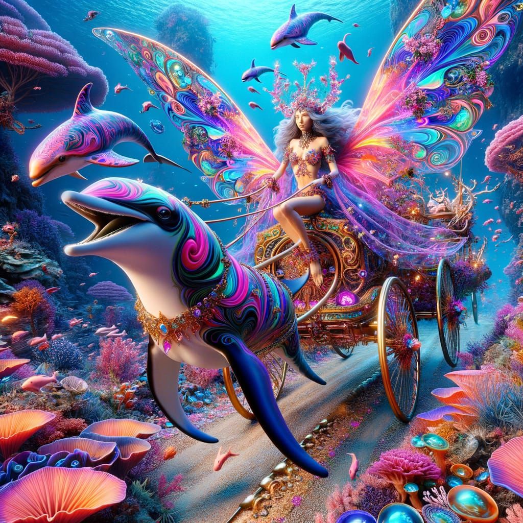 Pixie Elf Goddess Rides Wheelless Chariot in Vibrant Reef